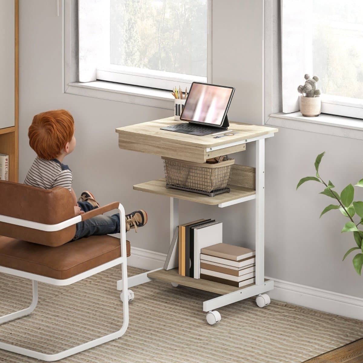 STILVORA Bureau 56 X 51 Cm - Met Lade En Planken - Op Wielen Met Rem - Voor Kleine Ruimtes En Thuiswerken - Hout Eiken thumbnail 2