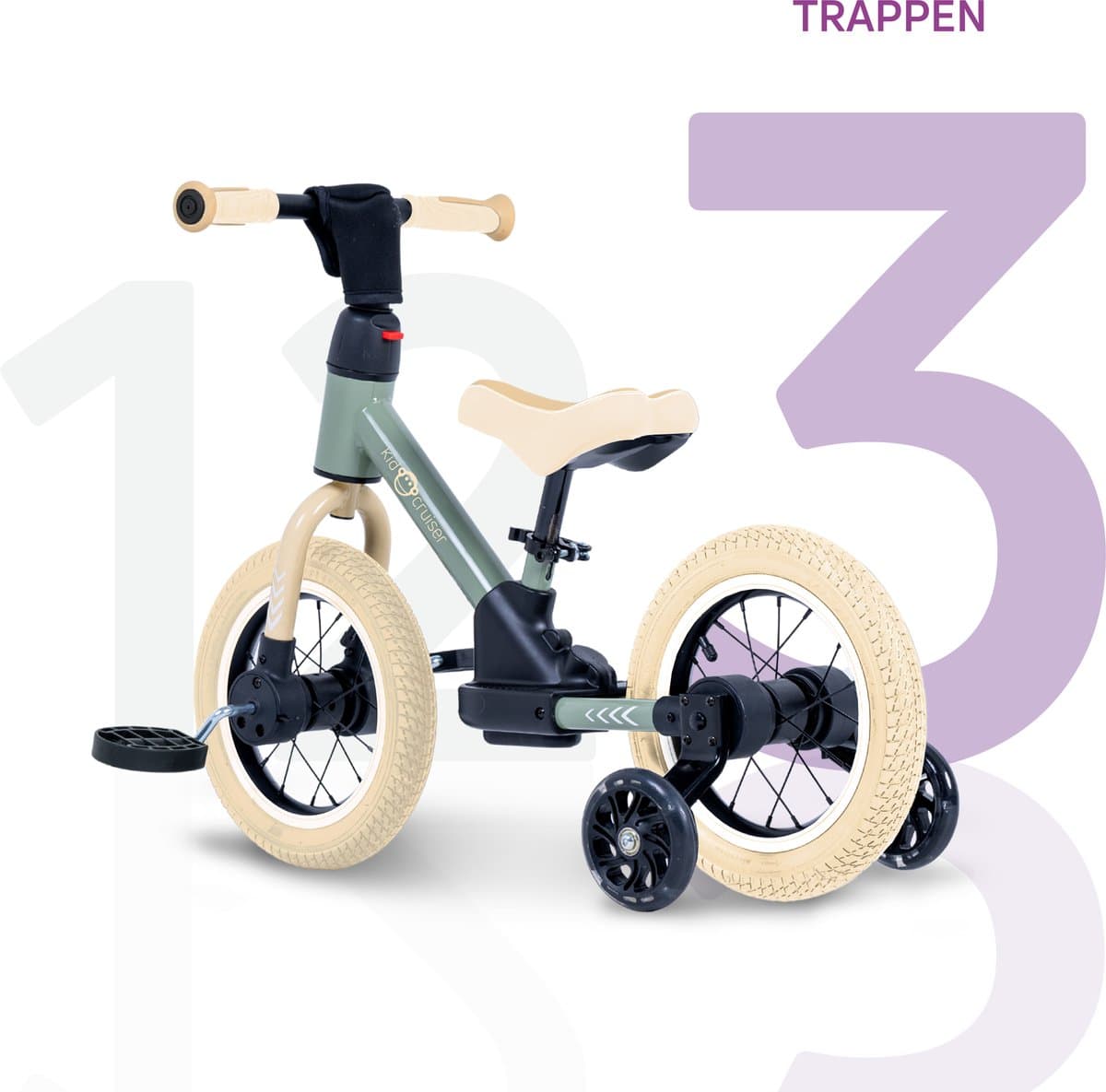 Kidcruiser Loopfiets 2+ jaar - Optioneel met LED Zijwieltjes & Trappers - 3-in-1 Kinderfiets - 12 inch – Zacht Groen & Creme wit – Modulair Design thumbnail 5