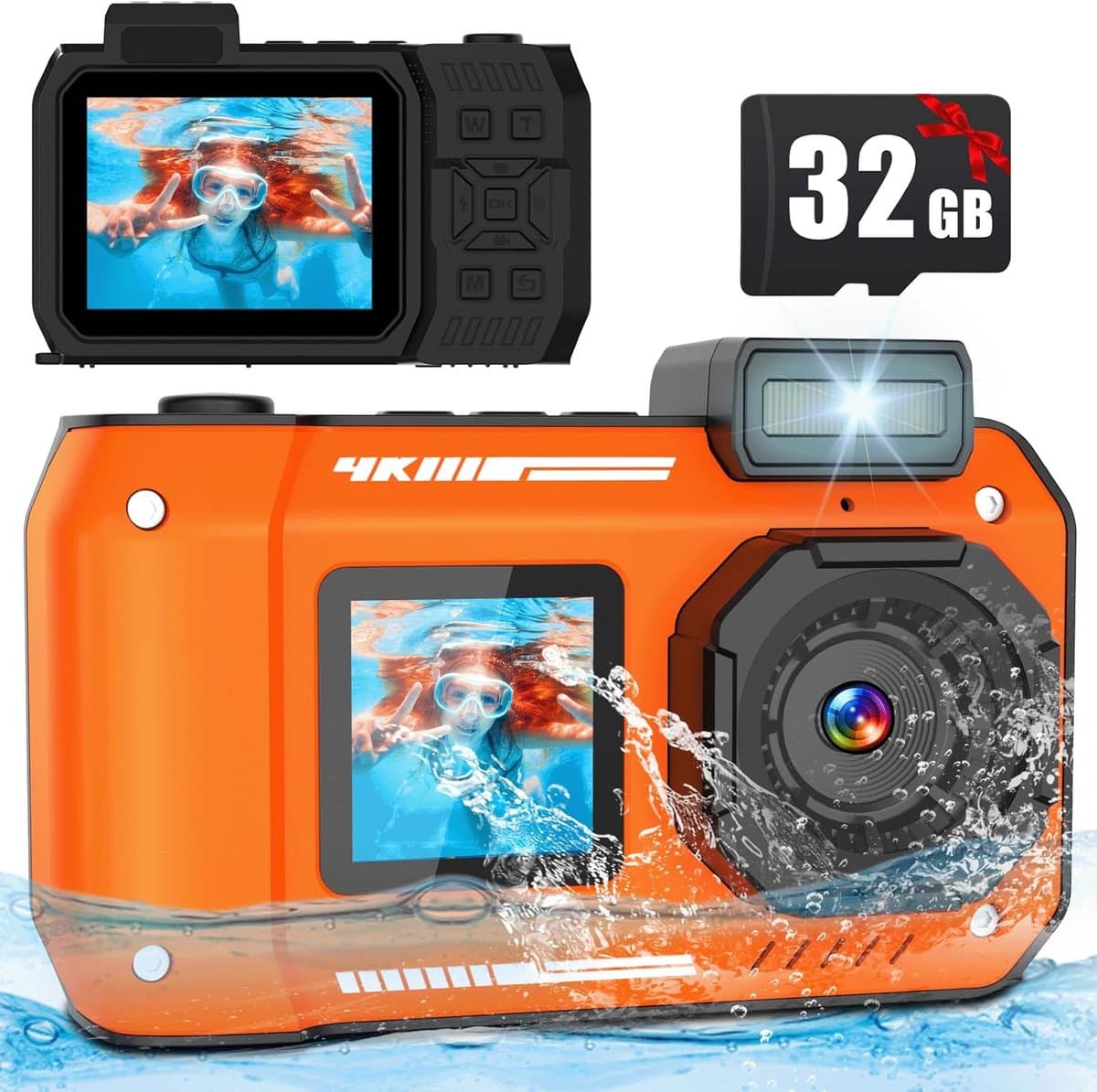 Onderwatercamera 33FT/10M 4K 48MP waterdichte camera met 32GB-kaart Dubbel scherm Robuust Stofdicht Schokbestendig Autofocus Selfie Digitale camera voor Snorkelen Duiken Sport Reizen (oranje)