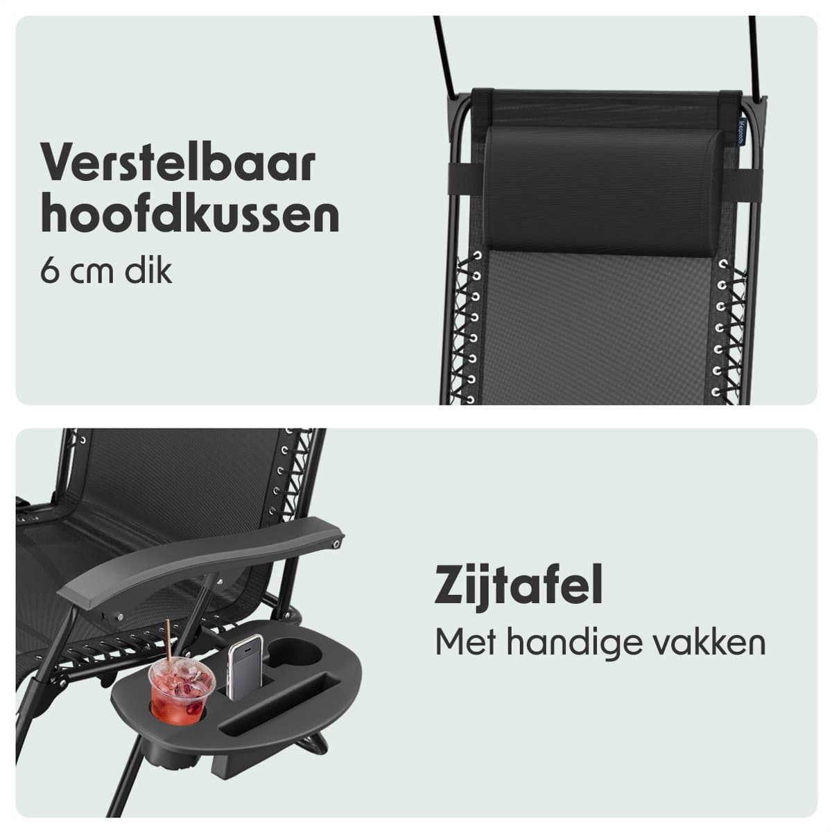 LifeGoods Opvouwbare Tuinstoelen - Verstelbaar Zonnescherm - Ligstoel Tuin - 2 Stuks - 30°-90° Verstelbaar - Metaal - Zwart thumbnail 3