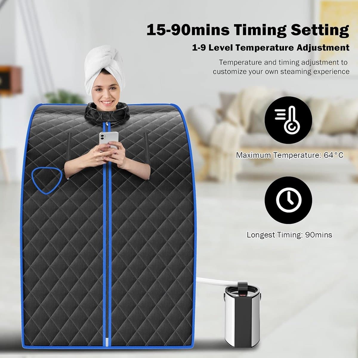 COSTWAY Draagbare stoomsauna, 1000 W, 3L opvouwbare persoonlijke therapeutische sauna met afstandsbediening, instelbare temperatuur en timer, roestvrij staal stoomoven met verstuiving functie, explosiebestendig gehard glazen deksel, 101 x 87 x 78 cm thumbnail 8