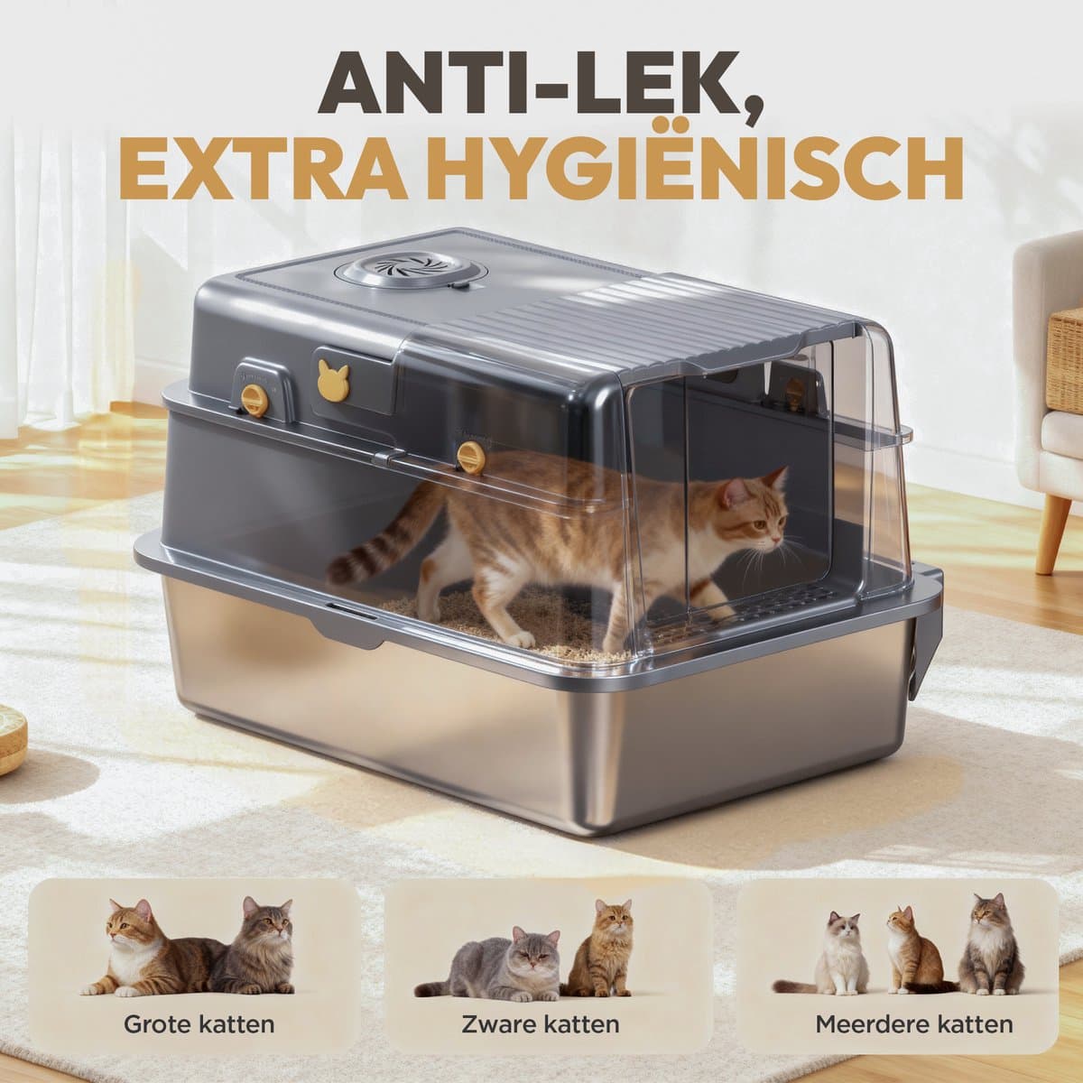 Petsy® - Premium Kattenbak RVS Pro - XXL - Incl. Geurneutralisator - Incl. Kattenbaks… thumbnail 4