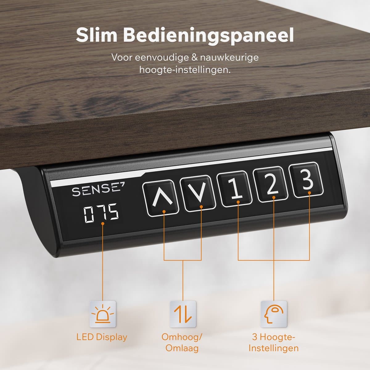SENSE7 NOJO LIGHT - Zit Sta Bureau - 120 cm x 60 cm - Elektrisch bureau - Verstelbare bureau - Elektrische Hoogteverstelling - Hoogte 72-118 cm - Intelligent Bedieningspaneel - Donkerbruin thumbnail 6