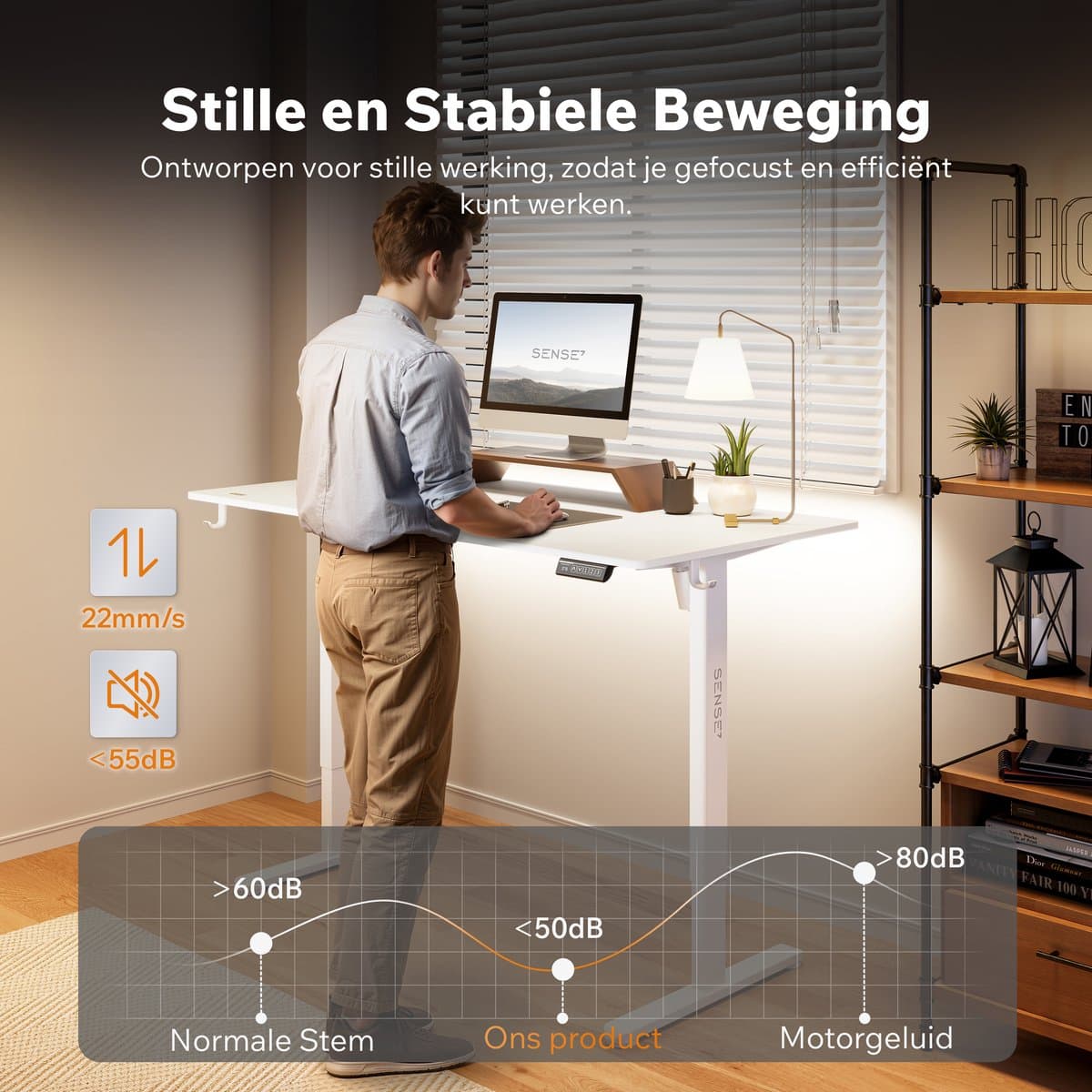 SENSE7 NOJO LIGHT - Zit Sta Bureau - 140 cm x 70 cm - Elektrisch bureau - Verstelbare bureau - Elektrische Hoogteverstelling - Hoogte 72-118 cm - Intelligent Bedieningspaneel - Wit thumbnail 4