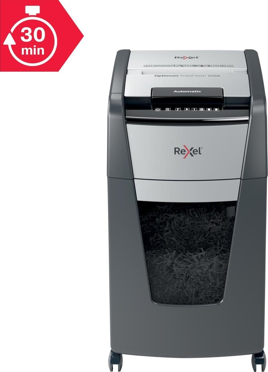 Rexel Optimum AutoFeed+ 225X Fluisterstille Papierversnipperaar - P4 Snippers - Automatische Invoer Tot 225 Vel - 60L - Zwart thumbnail 8