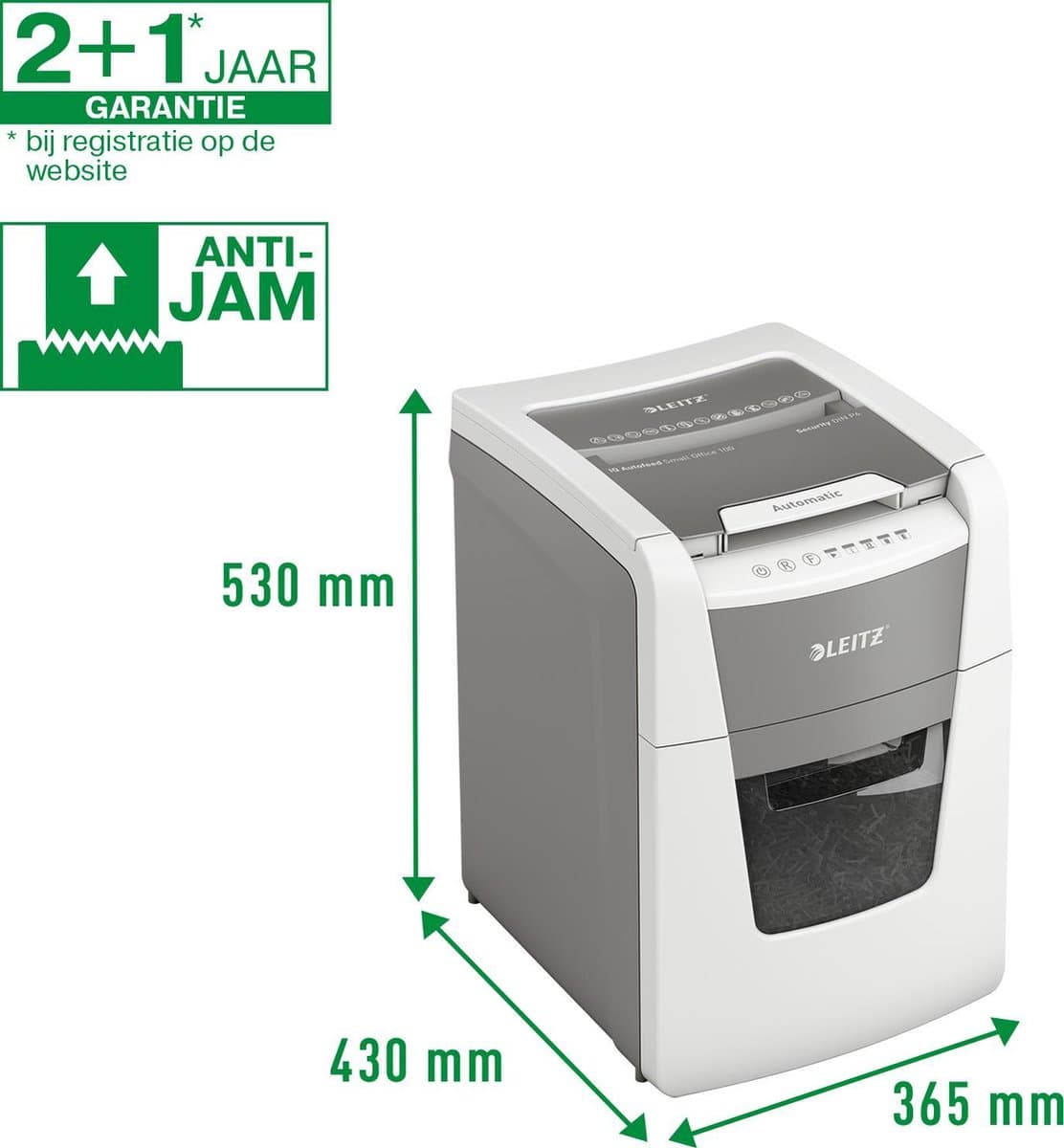Leitz IQ Autofeed+ Small Office 100 Stille Papierversnipperaar - P4 Snippers - Tot 100 Vel - 34L - Wit thumbnail 6