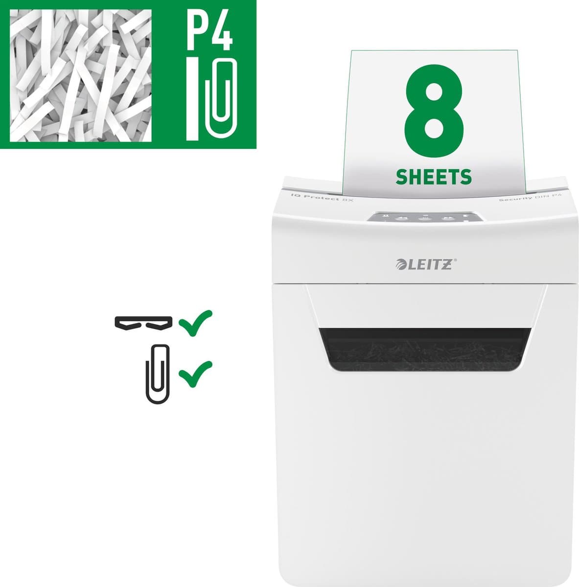 Leitz IQ Protect Premium 8X Ultrastille Papierversnipperaar - P4 Snippers - Tot 8 Vel - 14L - Wit thumbnail 2