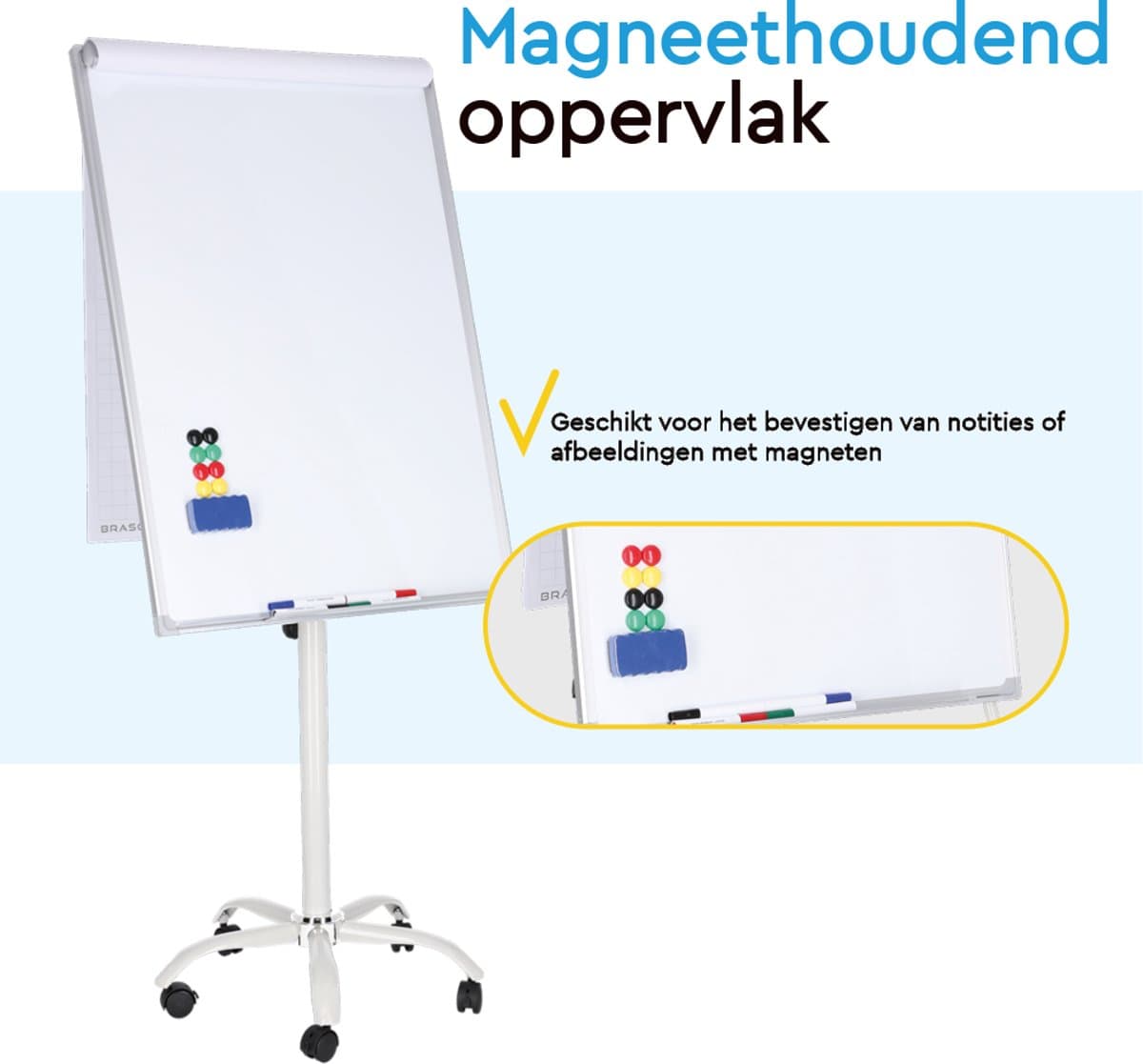 BRASQ Flipover Verrijdbaar - 70x100 cm - Verstelbaar Whiteboard - Inclusief 25 vellen papier, 4 Stiften, 8 Magneten, Wisser - Flipover met Papierklem en Haken - Magnetisch bord - Magneetbord - Wit thumbnail 3
