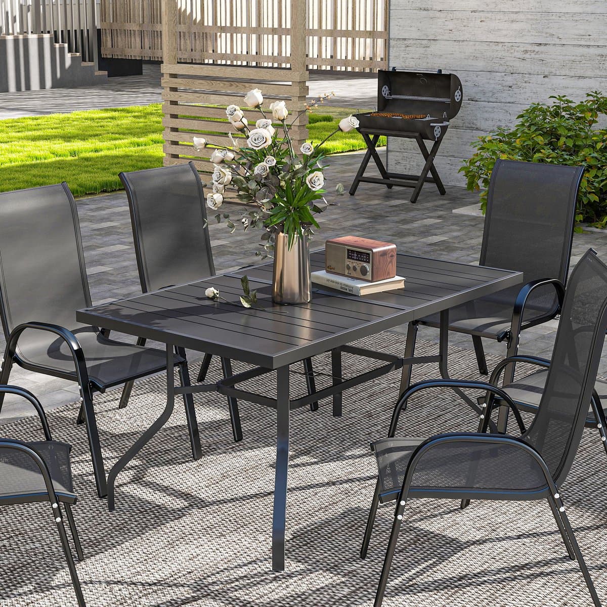 Outsunny tuintafel - met parasolgat - 152L x 90B x 74H cm - zwart thumbnail 3