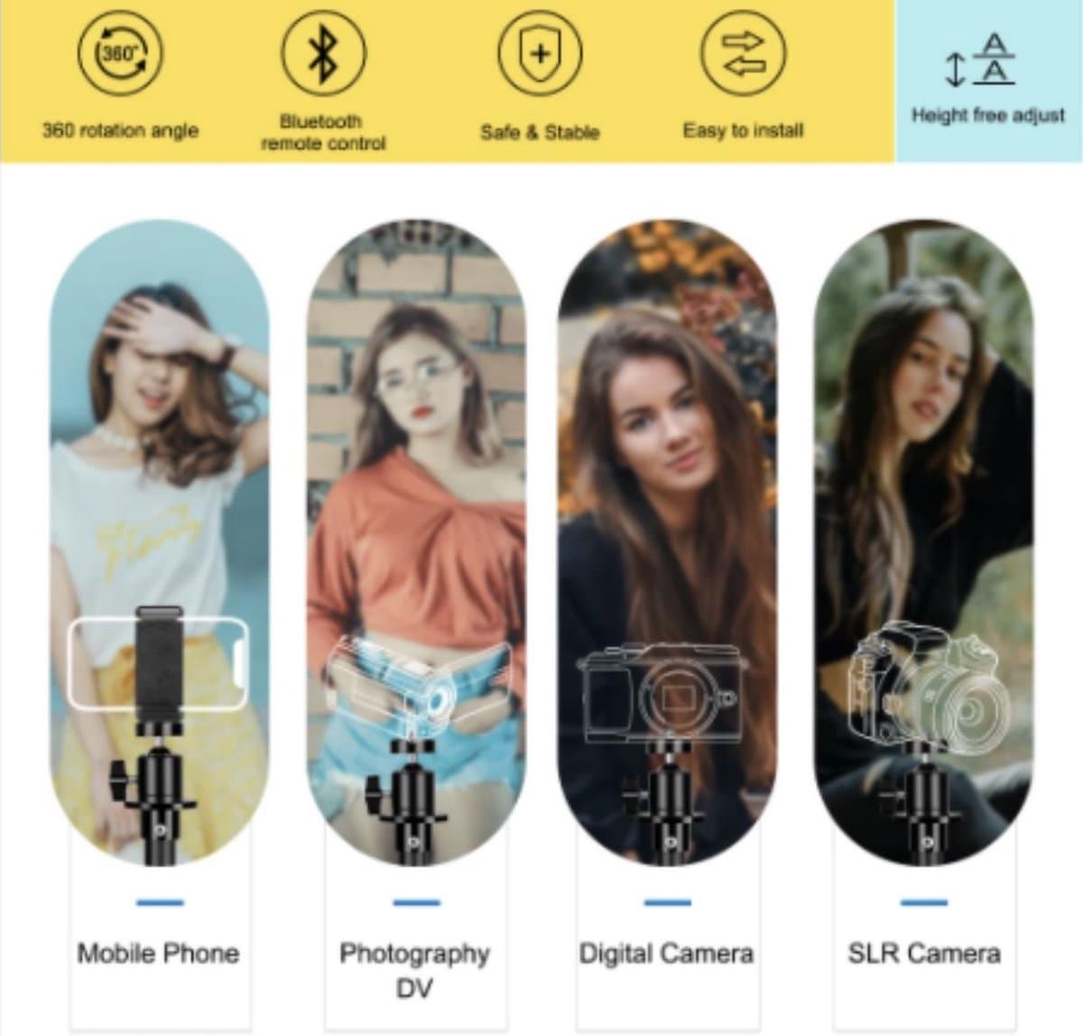 HiCHiCO® Smartphone Statief 210Cm Voor Fotocamera en Smartphone - iPhone - Canon – Nikon - Spiegelreflexcamera Inc. Bluetooth Remote Shutter, Telefoonhouder, 360 ° Draaigreep horizontaal / Camerastatief - Tripod thumbnail 8