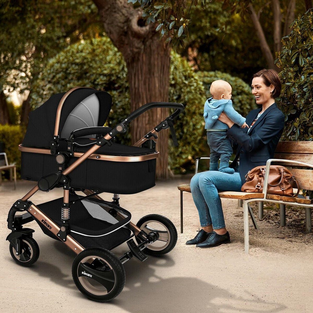 KIDUKU- 3 in 1 combi-kinderwagen- zwart/goud- buggy incl. autostoeltje-regenhoes- inklapbaar thumbnail 5