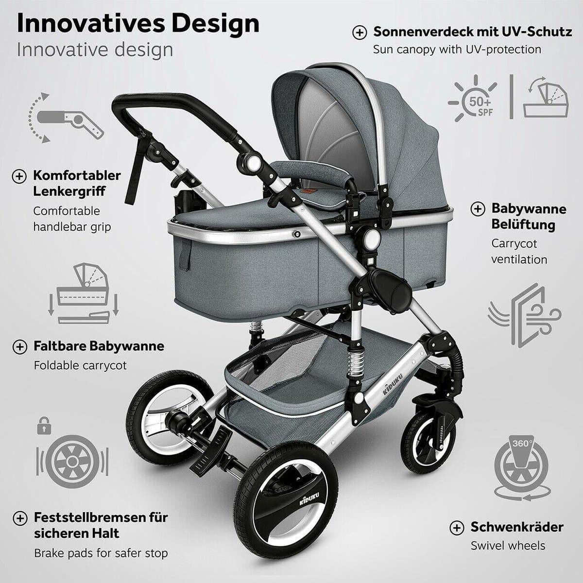 KIDUKU- 3 in 1 combi-kinderwagen- grijs/zilver- buggy incl. autostoeltje-regenhoes- inklapbaar thumbnail 8