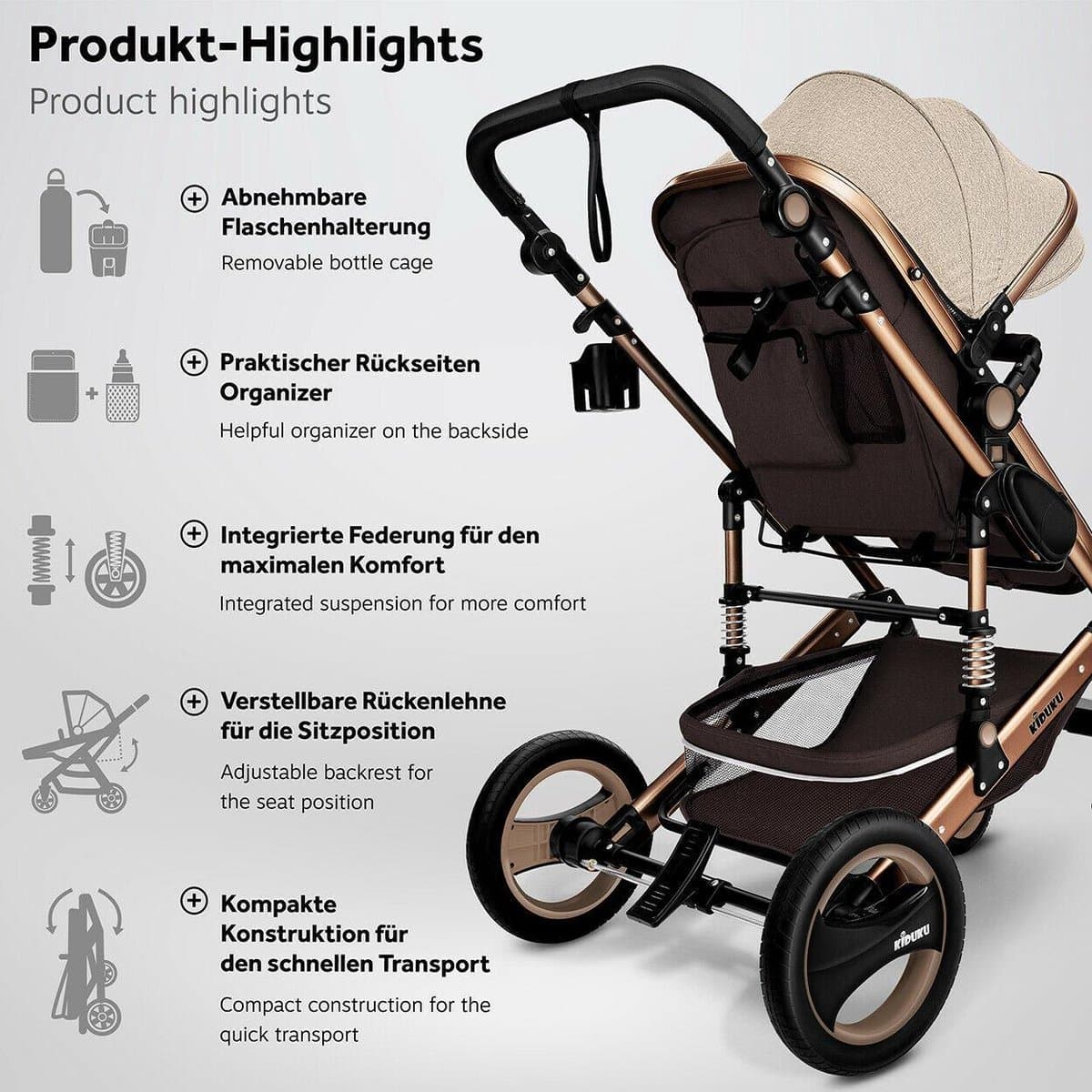 KIDUKU- 3 in 1 combi-kinderwagen- bruin/goud- buggy incl. autostoeltje-regenhoes- inklapbaar thumbnail 6