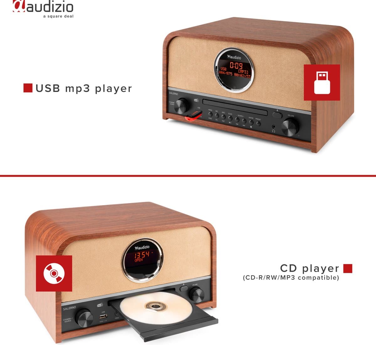 DAB radio met CD speler - Audizio Salerno - Retro radio met Bluetooth en mp3 speler - Stereo - 40W thumbnail 5