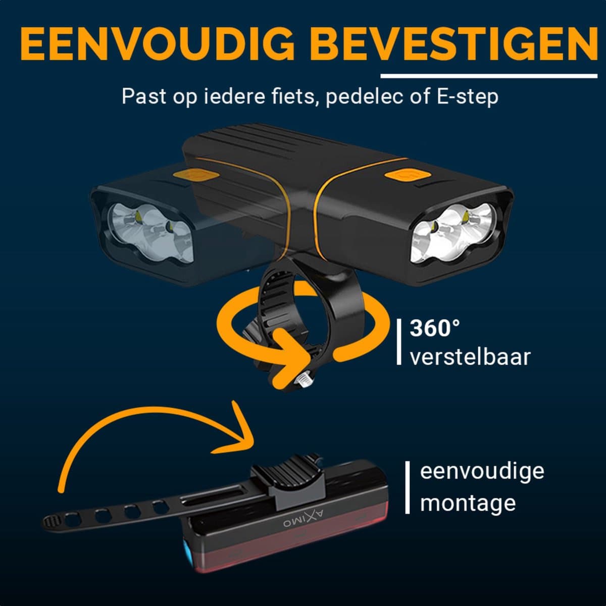 AXIMO Fietsverlichting Set 500 lumen - Fietslamp USB Oplaadbaar LED - Aluminium Voorlicht en Achterlicht - Roteerbaar voorlicht - Waterbestendig (IP65) Fietslicht - MTB & Racefiets thumbnail 2