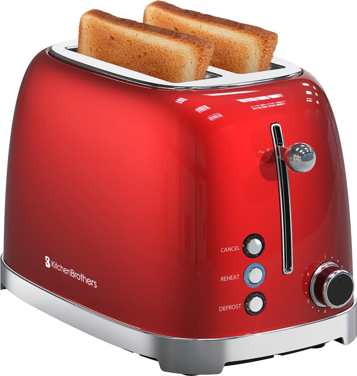 KitchenBrothers Retro Broodrooster - Toaster - 6 Warmteniveaus - 2 Extra Brede Sleuven - BPA-vrij - 815W - Rood - afbeelding 1