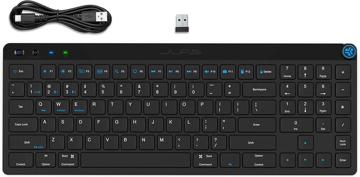 JLab JBuds Draadloos Toetsenbord - Verbinden via Bluetooth of USB Dongle - Met Shortcuts - Stille toetsen - Smart media knop - Qwerty thumbnail 7