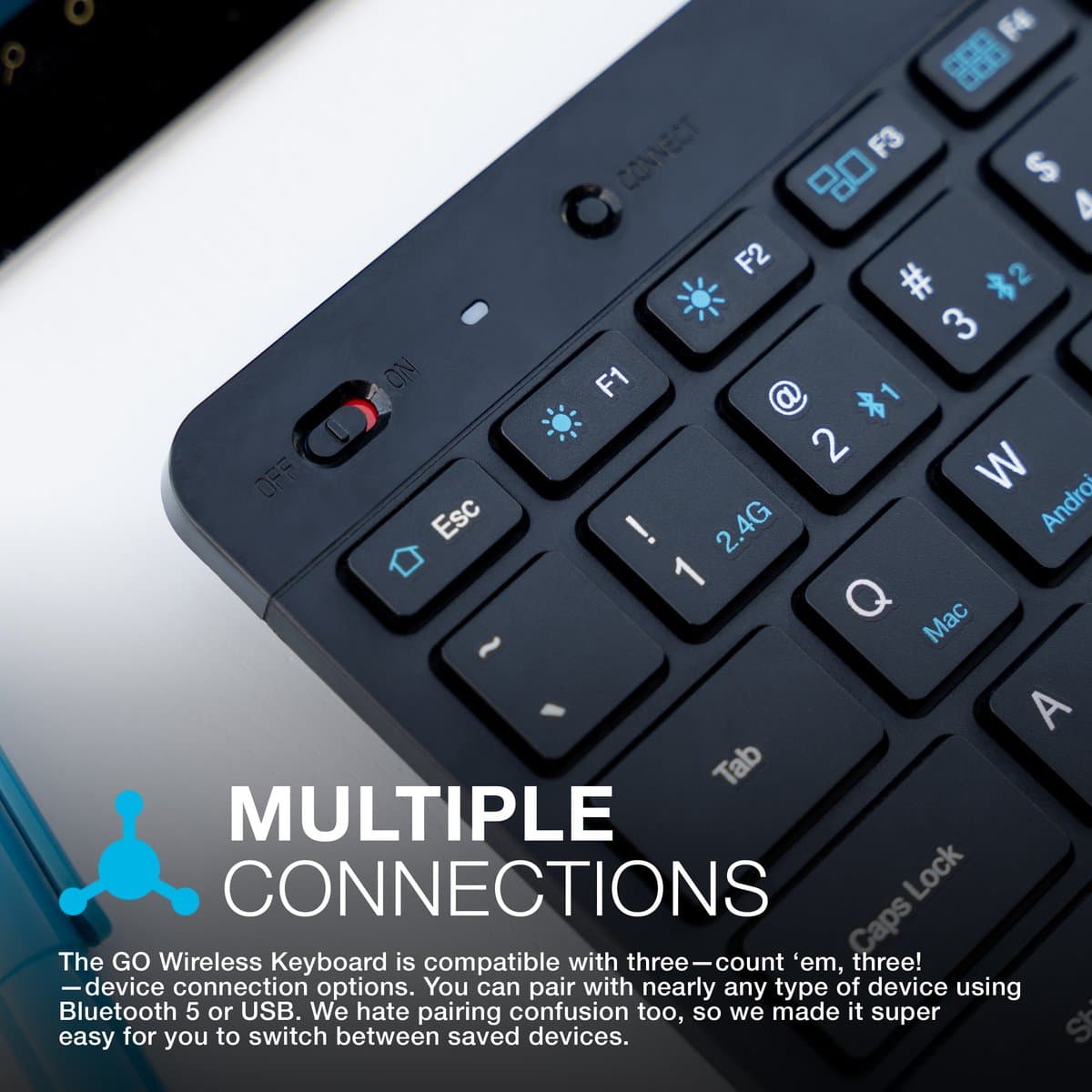 JLab GO Draadloos Toetsenbord - Bluetooth of USB dongle verbinding - 3 Devices - Stille toetsen - Compact design - Volumeknop - Qwerty thumbnail 4