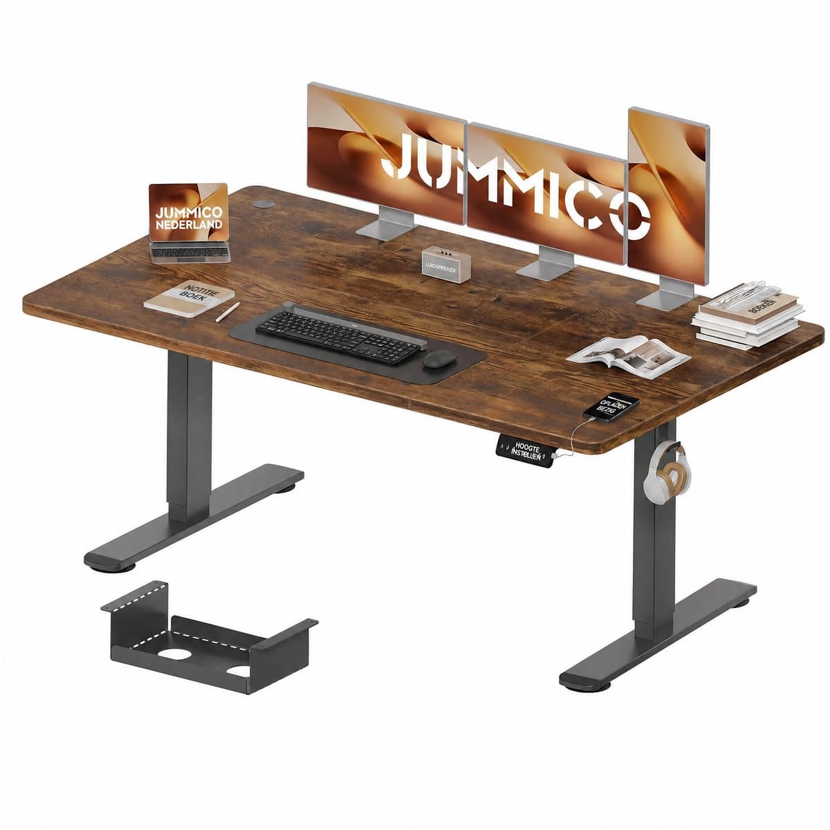 Elektrisch Zit-Sta Bureau 160x80 cm – 18 mm Dik Tafelblad – 3 Geheugenstanden – USB en Zit-alarm – Kabelmanagement – Zwart frame met donker houtlook blad thumbnail 8