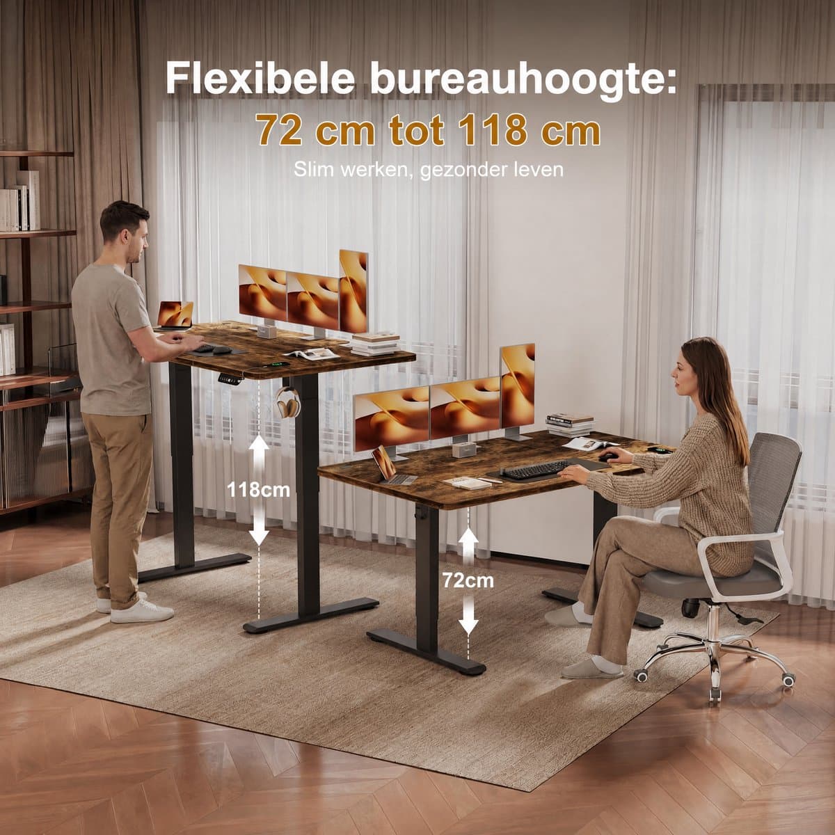 Elektrisch Zit-Sta Bureau 160x80 cm – 18 mm Dik Tafelblad – 3 Geheugenstanden – USB en Zit-alarm – Kabelmanagement – Zwart frame met donker houtlook blad thumbnail 3