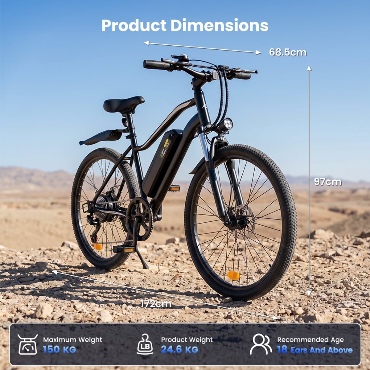 iScooter EB3S E-bike - 25 km/u - 26inch - 70km actieradius - 350W motor - 36V15Ah accu - zwart thumbnail 2