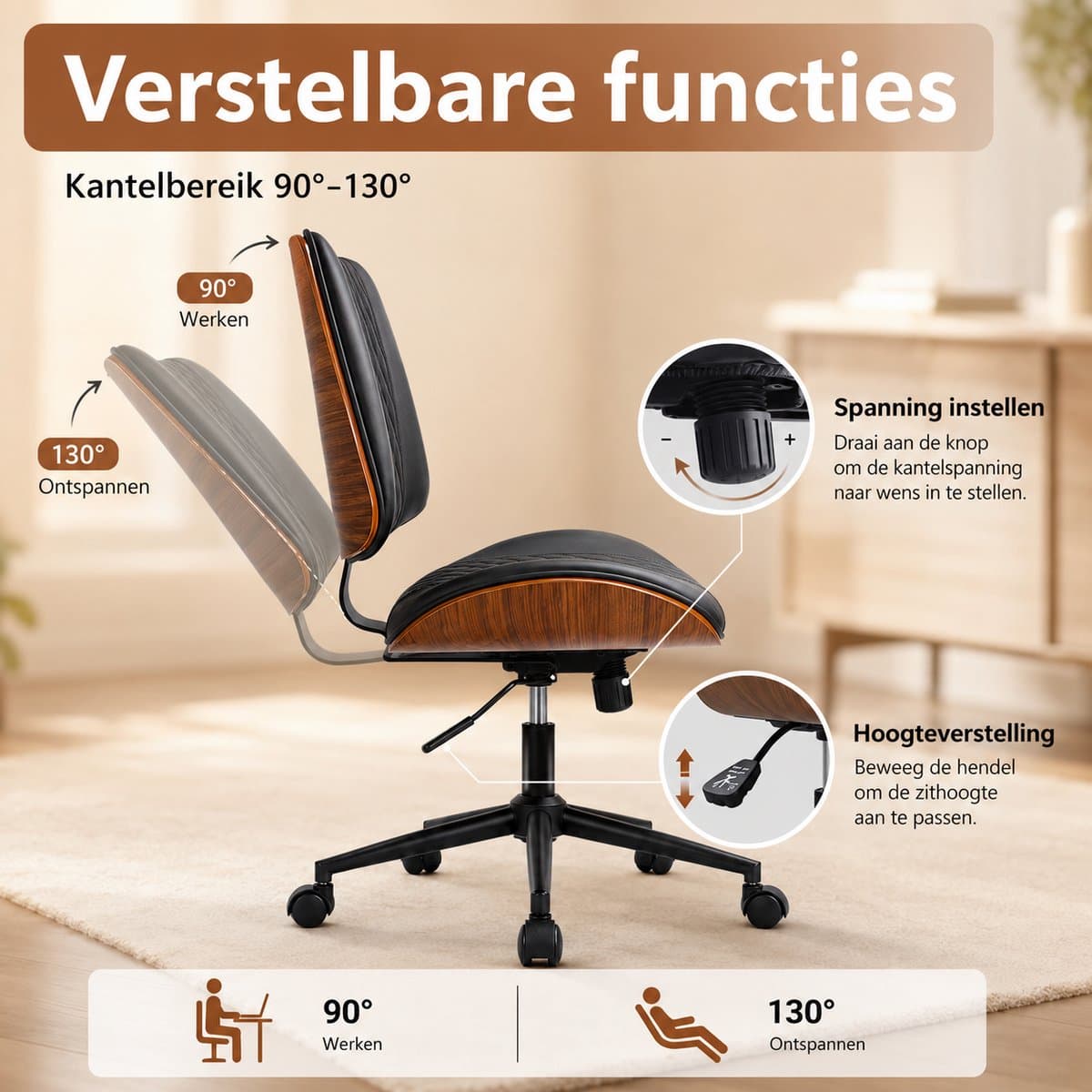 Durrafy Ergonomische Bureaustoel - Bureaustoel zonder Armleuningen - Bureaustoelen voor Volwassenen - Verrijdbaar & In Hoogte Verstelbaar - 360° Draaibaar - 90°-130° Kantelbare Rugleuning - PU-Kunstleer - Decoratieve Warmbruine Afwerking - Zwart thumbnail 6