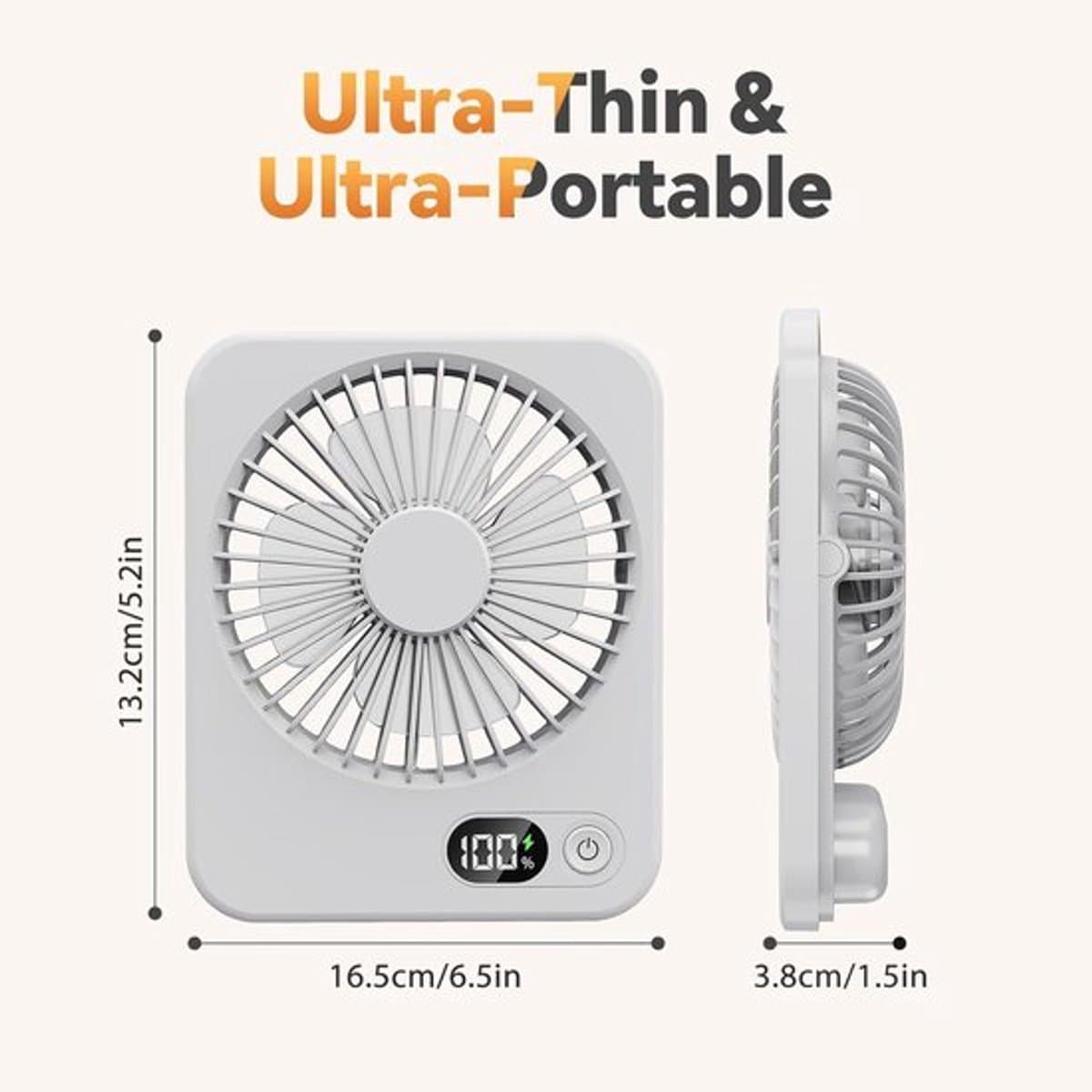 Solvix tafel ventilator geluidloos - Draagbare Ventilator - Wit - Oplaadbare Batterij - LCD Display - Voor Thuis en Op Reis thumbnail 5