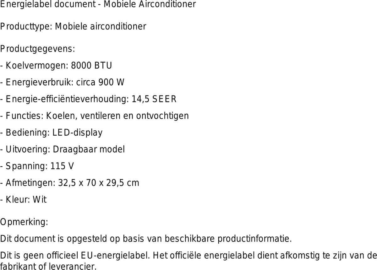 Mobiele airco 8000 BTU draagbaar met ontvochtiger, ventilator en led-display inclusief raamkit thumbnail 2