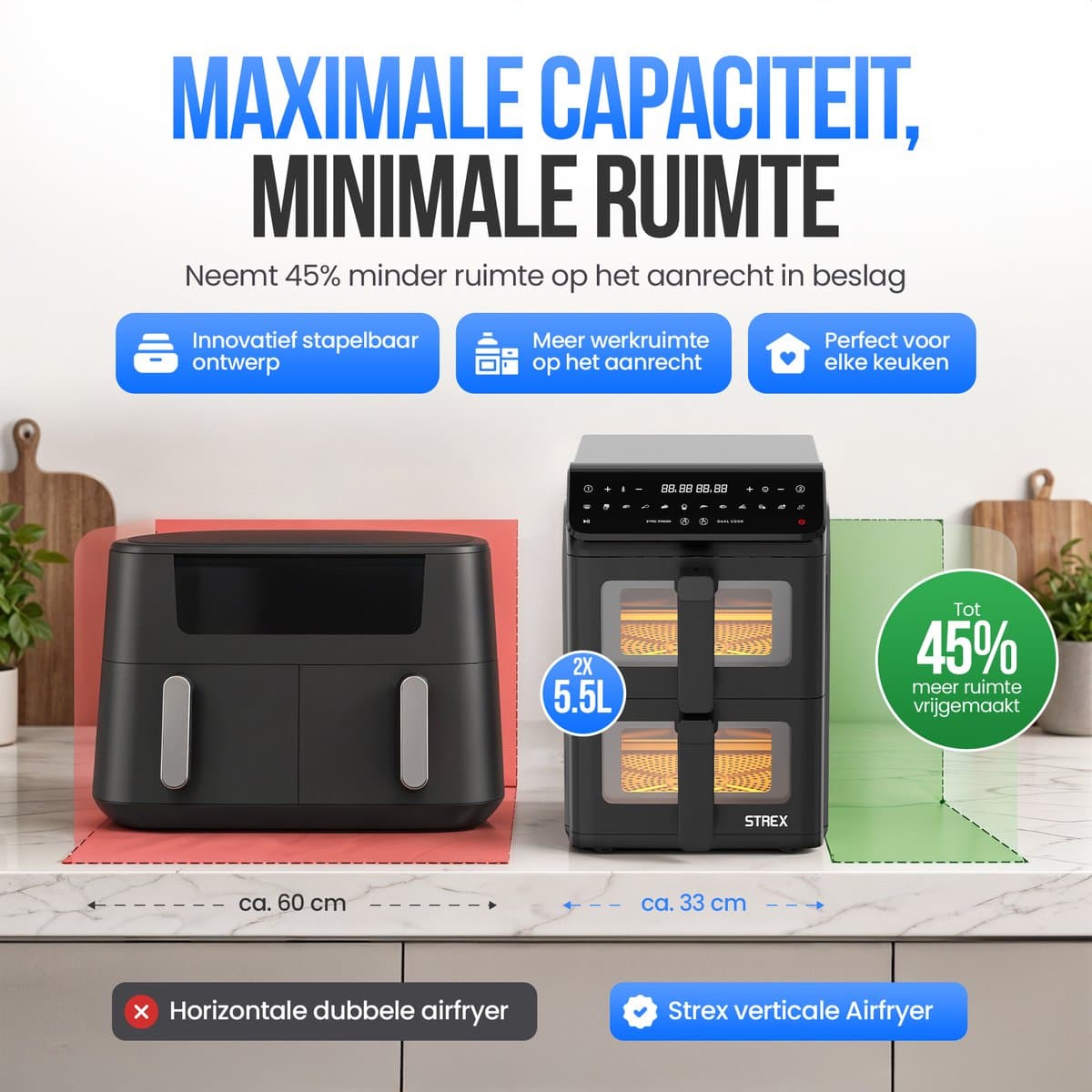 Strex Airfryer Dubbele Mand 11L XXL Heteluchtfriteuse 2500W - Airfryer 2 Manden - Dual Basket - 13 Kookprogramma's - Airfryer Verticaal Groot voor Gezin thumbnail 7