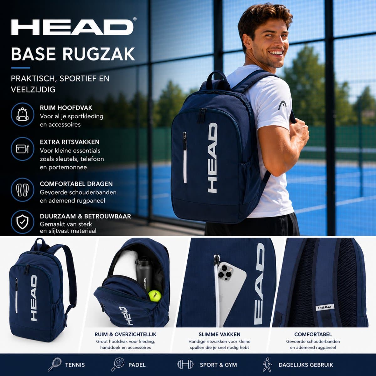 Head Base Rugzak 17L 2026 – Padel- & Tennisrugzak voor 2 Rackets – Sporttas met Racketvak, Accessoirevakken & Mesh Zijvakken – Navy - Padel rugzak - Tennis rugzak - Heren & Vrouwen - Padeltas - Tennistas rugzak thumbnail 2