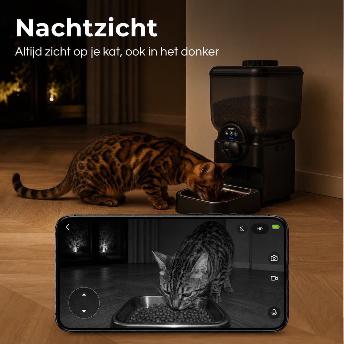 MYBOT Automatische Voerbak met Camera - Kat en Hond - Voerautomaat 6.5L - Verstelbare Camera via App - Oplaadbare Batterij - Voor Droogvoer - Zwart - P5 thumbnail 4