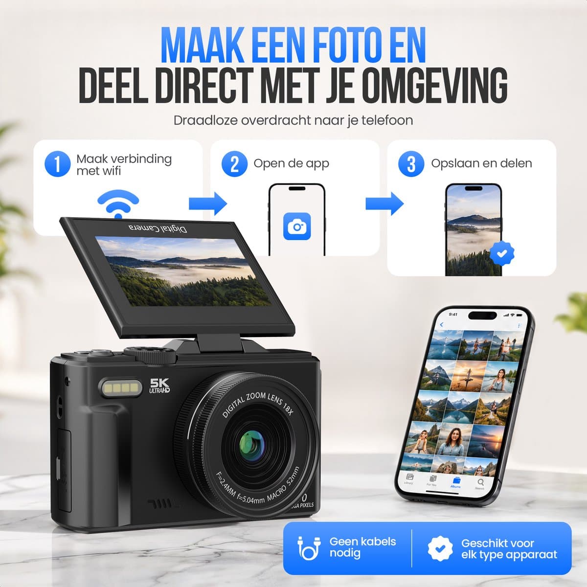 Strex Digitale Camera 5K 75MP - Fototoestel - Compactcamera met Wifi - Vlog Camera - Fotocamera voor Kinderen - 18x Zoom - Draaibaar Scherm - Zwart thumbnail 4