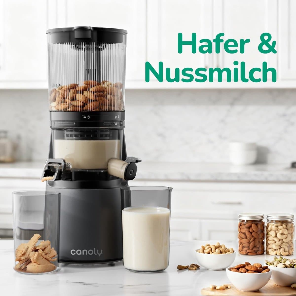 OLOEY De Canoly slowjuicer heeft een inhoud van 2,6 liter-een grote vulopening van 150 mm en een 3-in-1 filter-waardoor hij geschikt is voor zowel sap als notenmelk-Hij beschikt ook over een automatische hakfunctie en een koudpersfunctie thumbnail 4