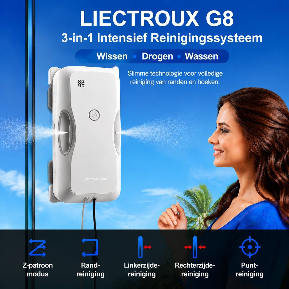 LIECTROUX G8 Raamrobot – Snelle Reiniging, Dubbele Waterspray, Bionische Wisser, AI Navigatie en Randdetectie thumbnail 2