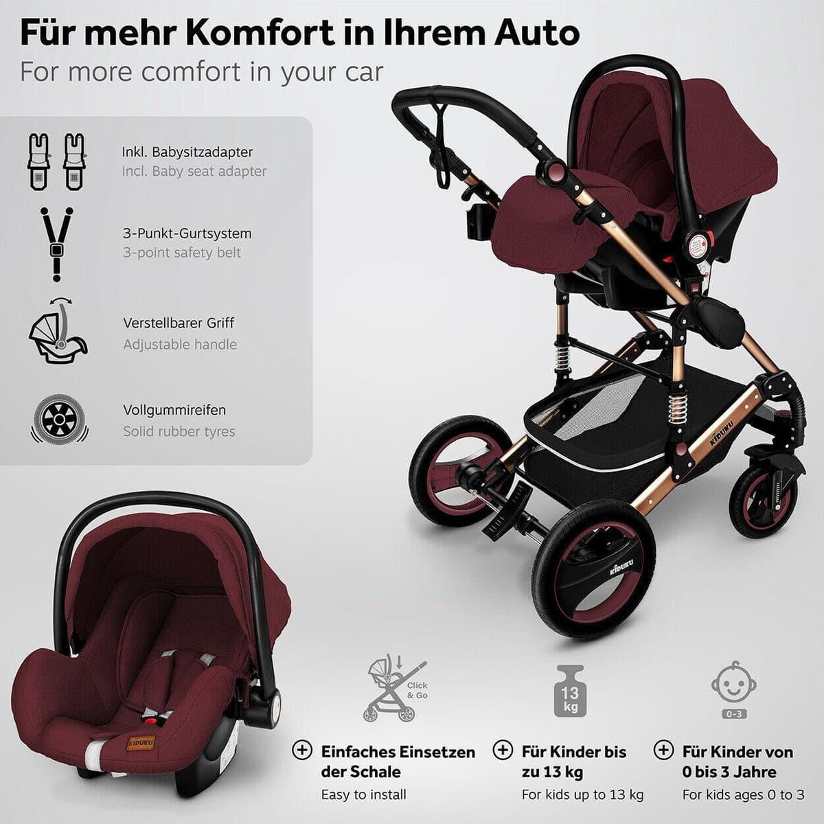 KIDUKU- 3 in 1 combi-kinderwagen- bordeaux- zwart-goud- buggy incl. autostoeltje-regenhoes- inklapbaar thumbnail 7