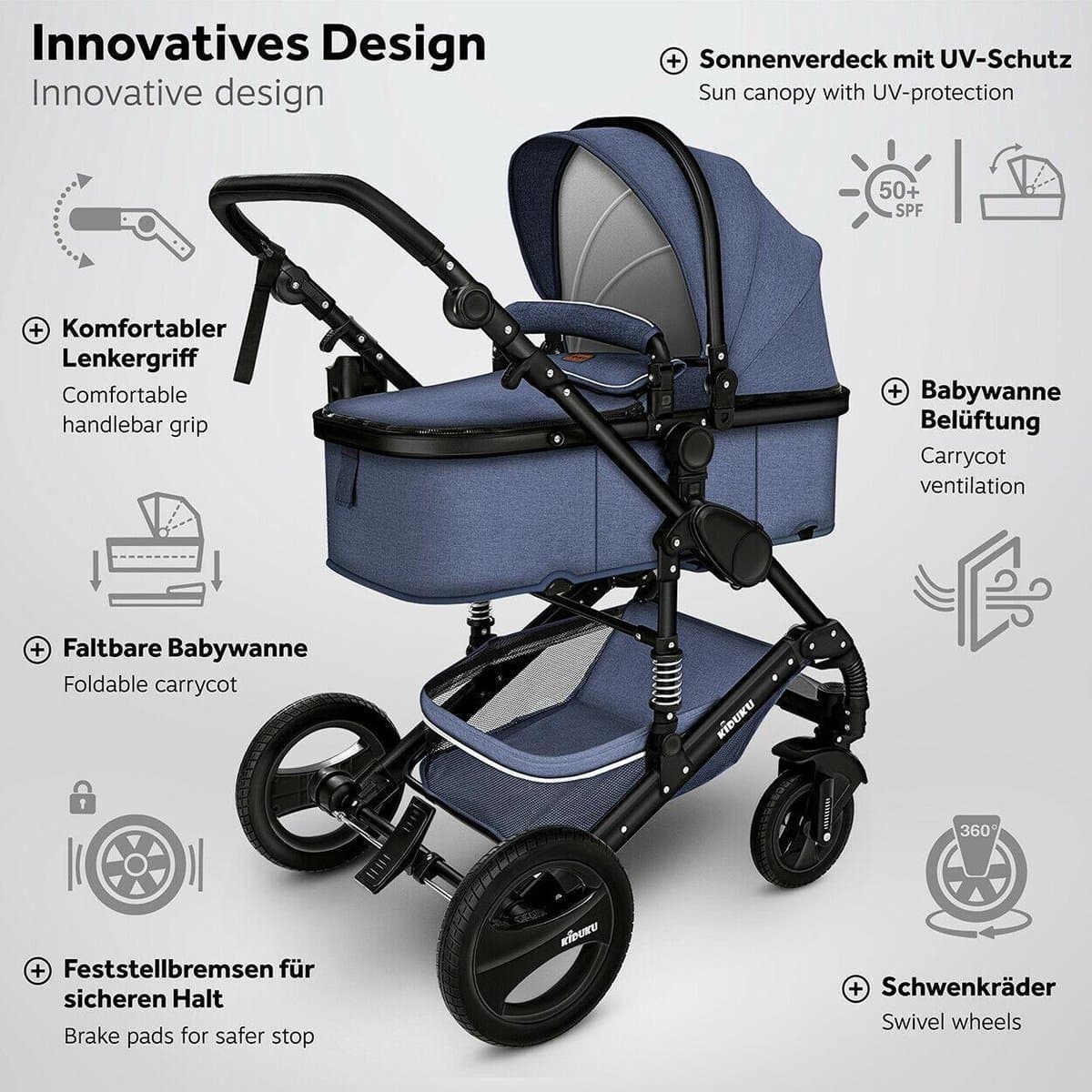 KIDUKU- 3 in 1 combi-kinderwagen- blauw/zwart- buggy incl. autostoeltje-regenhoes- inklapbaar thumbnail 7