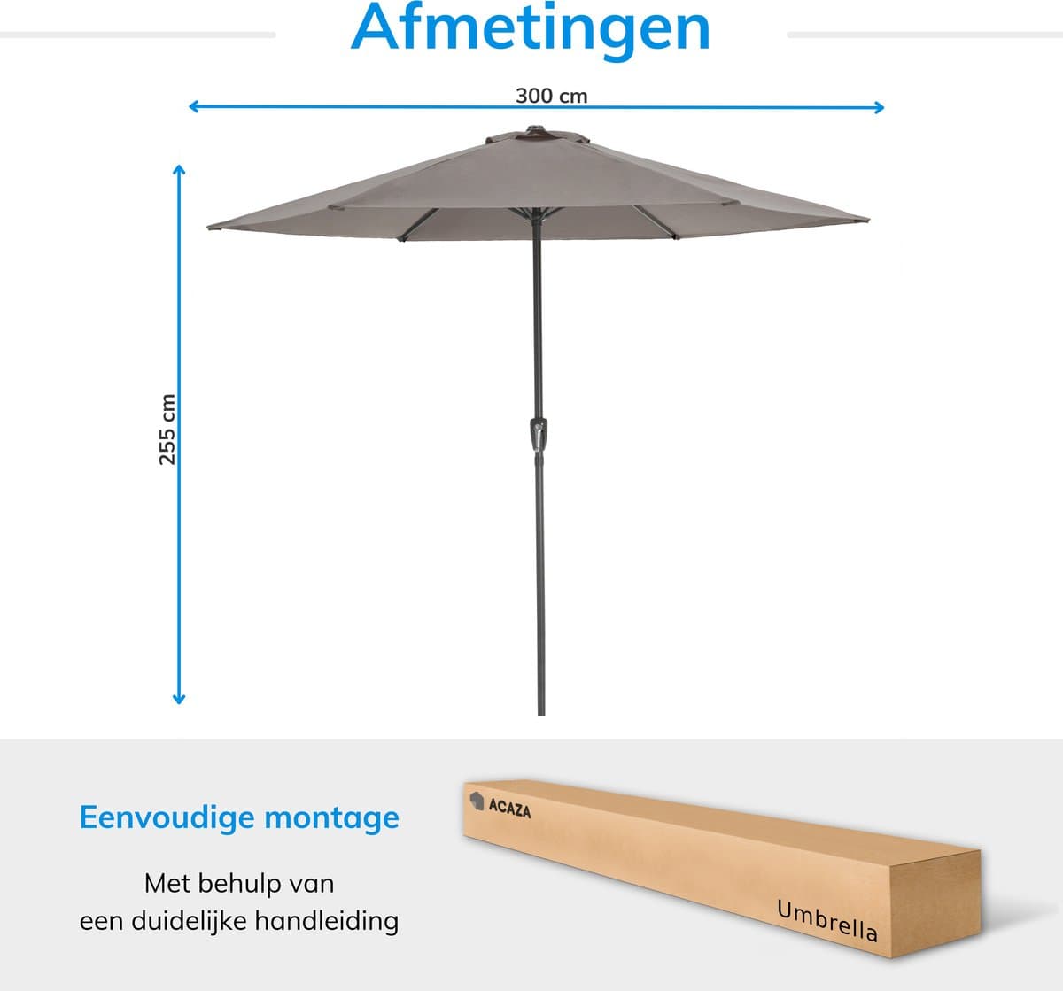 ACAZA Parasol - Stokparasol - Parasols - Taupe - 300 cm diameter - ALUMINIUM - Tuinparasol - Ronde Parasol - Waterdicht thumbnail 3