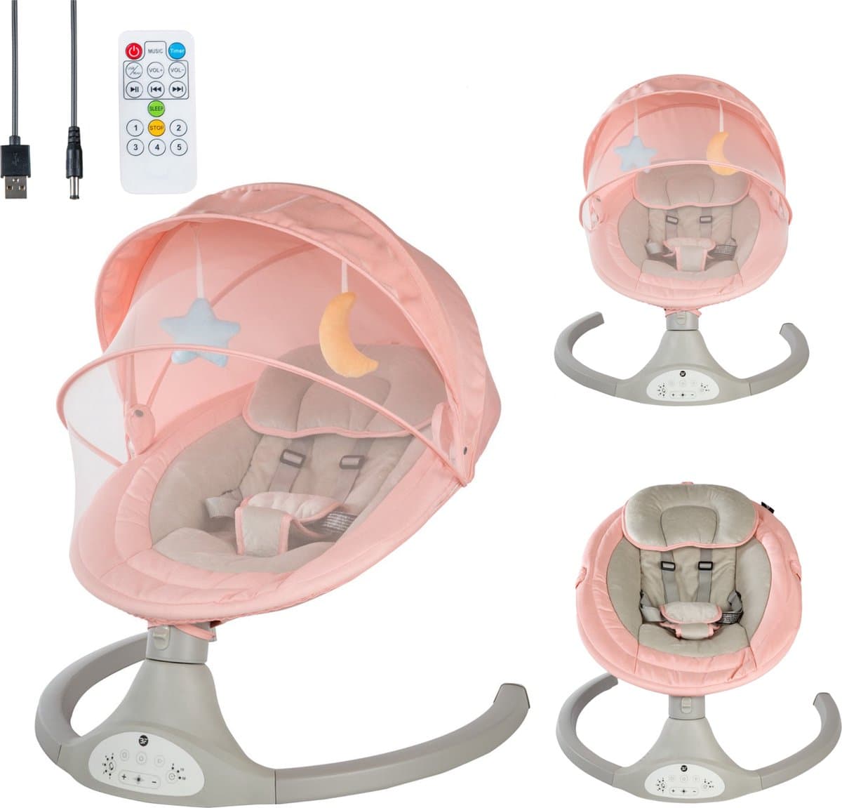 Bebies First Elektrische Wipstoel/ Schommelstoel Met Bluetoothfunctie Relax Met Kap & Speelboog - Roze