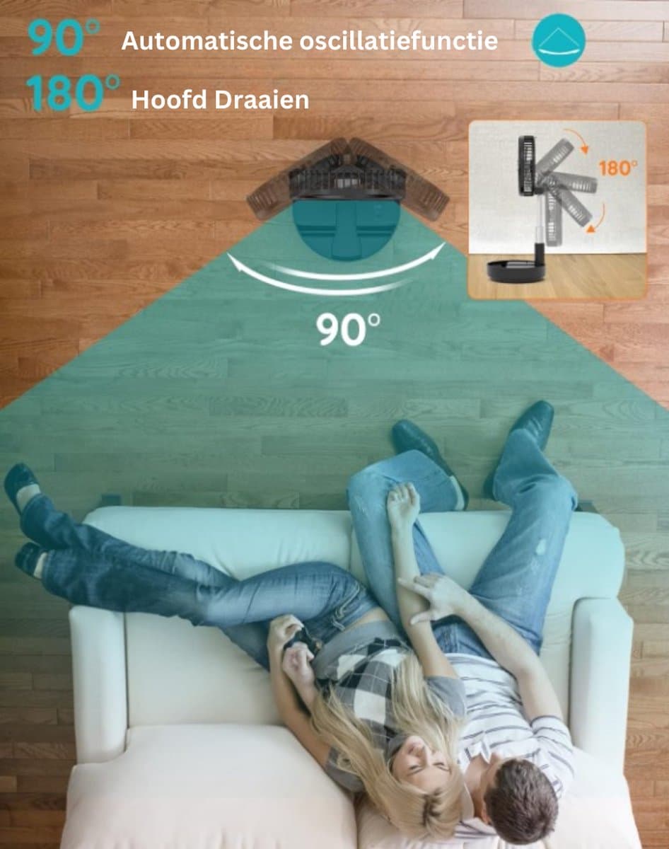 Tafel- en Staande Ventilator - Draagbare Oscillerende Ventilator - Opvouwbaar Design - Afstandsbediening - 4 Snelheden - Oplaadbare Accu - USB Ventilator - Zwart thumbnail 4