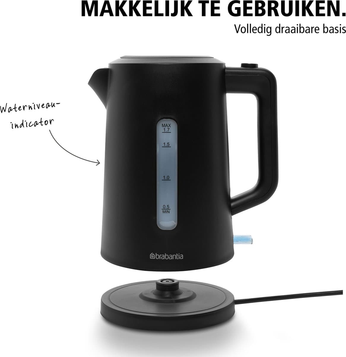 Brabantia Waterkoker - 2200 Watt - 1.7L - Snoeropbergruimte - Automatische uitschakeling - Zwart - BBEK1017 thumbnail 3
