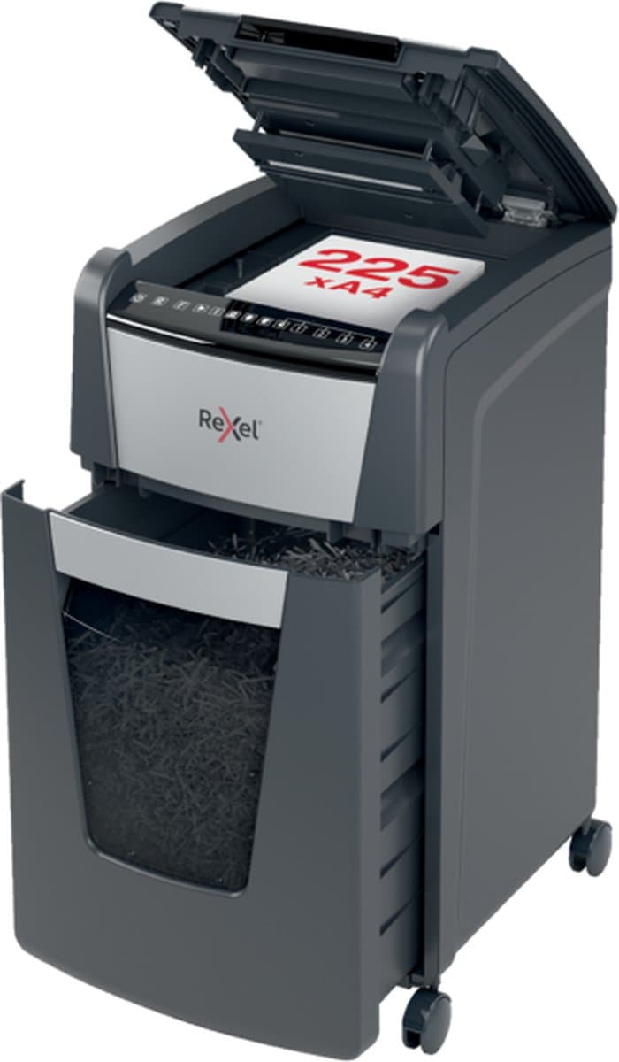 Rexel Optimum AutoFeed+ 225X Fluisterstille Papierversnipperaar - P4 Snippers - Automatische Invoer Tot 225 Vel - 60L - Zwart thumbnail 3