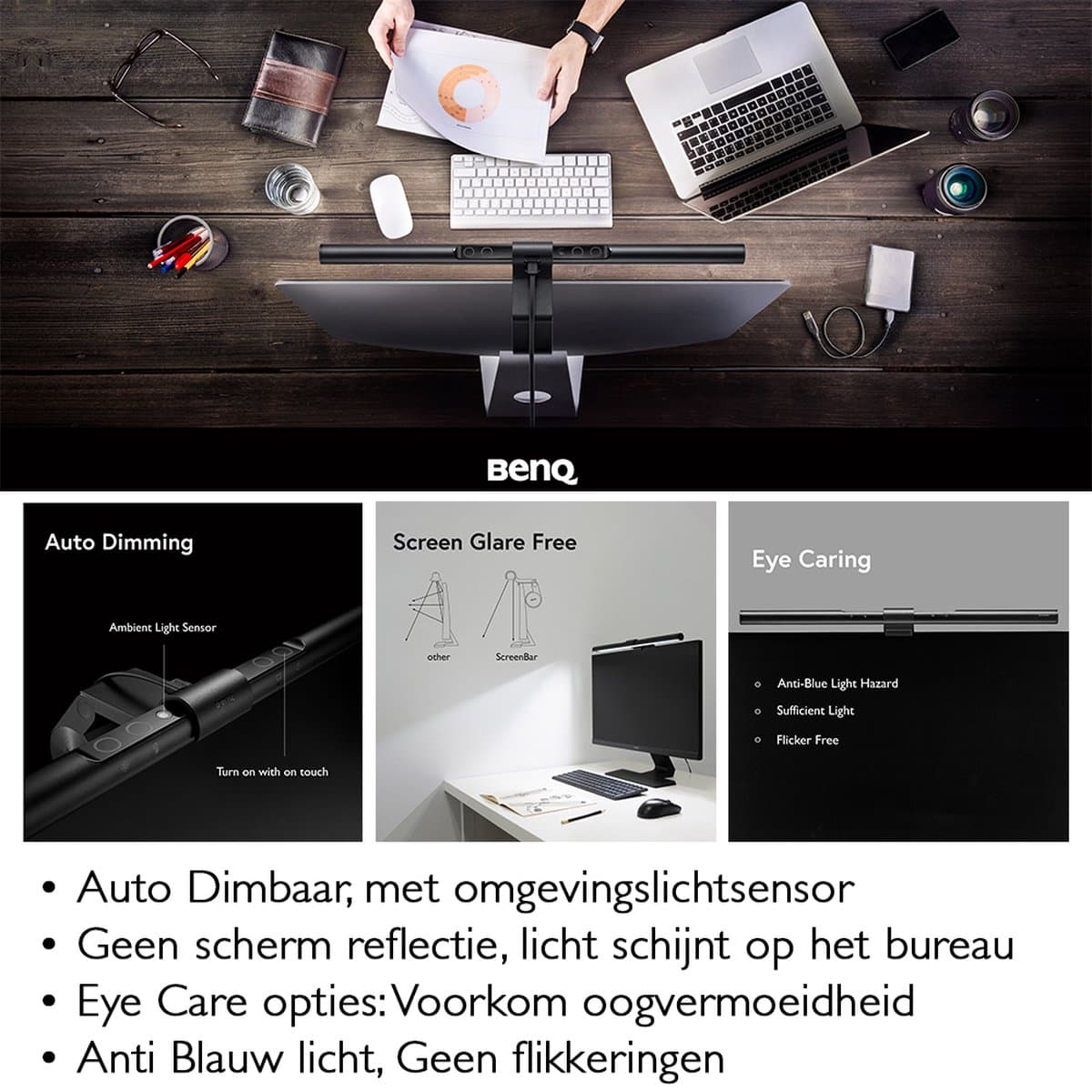 BenQ Screenbar Monitor Lamp - Dimbare LED bureaulamp - USB - Klemlamp met Touch Bediening - Instelbare kleurtemperatuur - Lichtsensor - 45cm - Zwart thumbnail 7