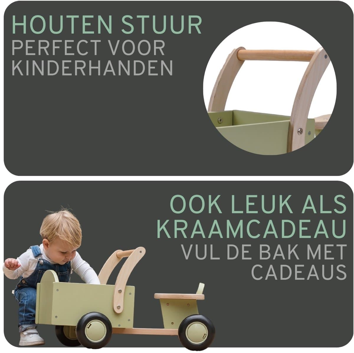 Bandits & Angels Bakfiets Loopfiets Hout Little Rider Retro Green vanaf 1 jaar - Voor Jongens en Meisjes - Ride-On Houten Bakfiets - Houten Loop Fiets Groen - Geluidsarme Wielen - Kraamcadeau thumbnail 3
