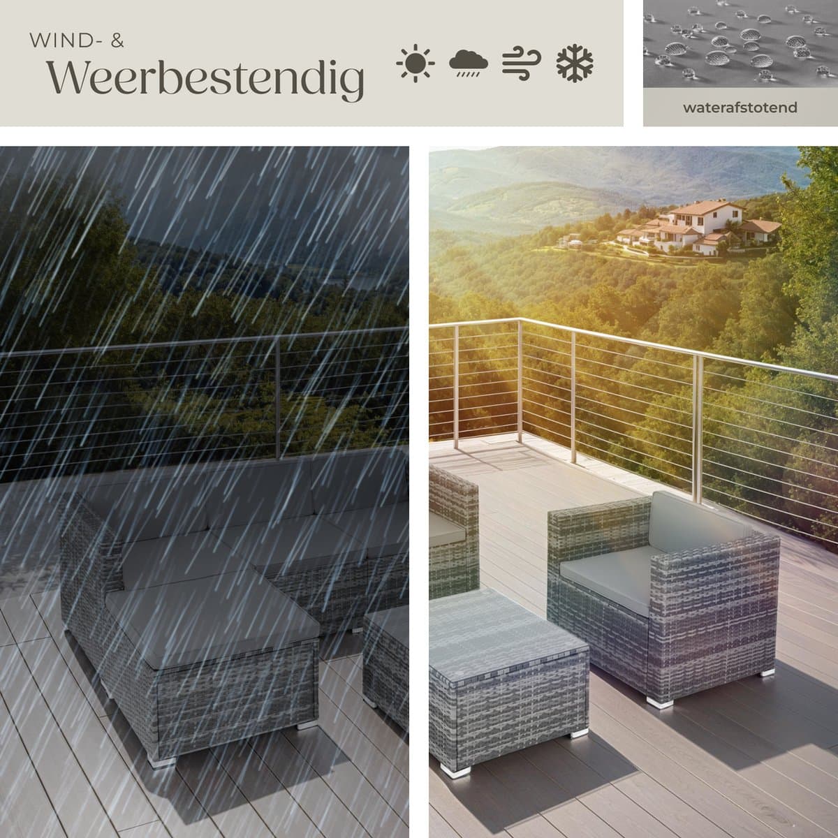 tectake® Wicker lounge - Tuinmeubelset voor buiten met bank, fauteuil, kruk en tafel - Variabel combineerbaar - Weerbestendig meubilair - Voor 4-5 personen - Balkonmeubilair - Tuinlounge - Terrasmeubilair - Grijs thumbnail 7