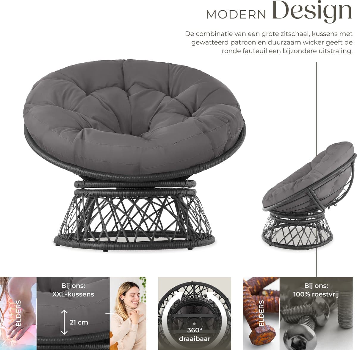 tectake® Papasan Stoel - Gezellige Draaistoel met Ronde Kussens - Comfortabele Rotan Stoel - Draaibare Loungestoel - Ronde Relax Rotan Rieten Stoel voor Woonkamer, Leeshoek, Lounge - Zwart thumbnail 8