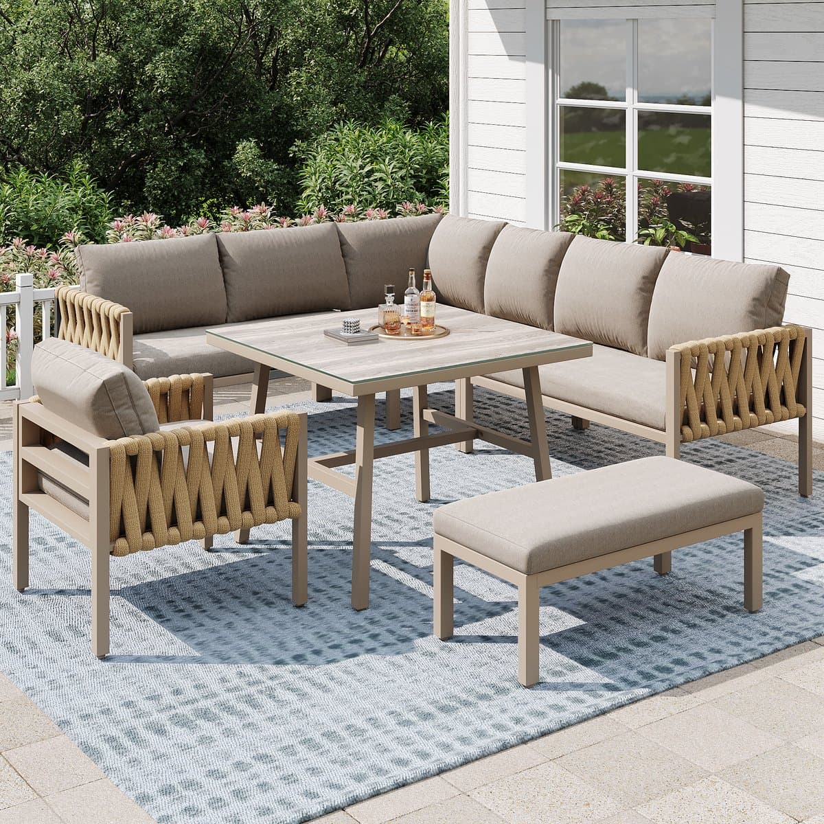 Tuinset met verzinkt ijzeren frame, beige touw loungeset, verstelbare poten, glazen tafelblad, inclusief kussens thumbnail 7