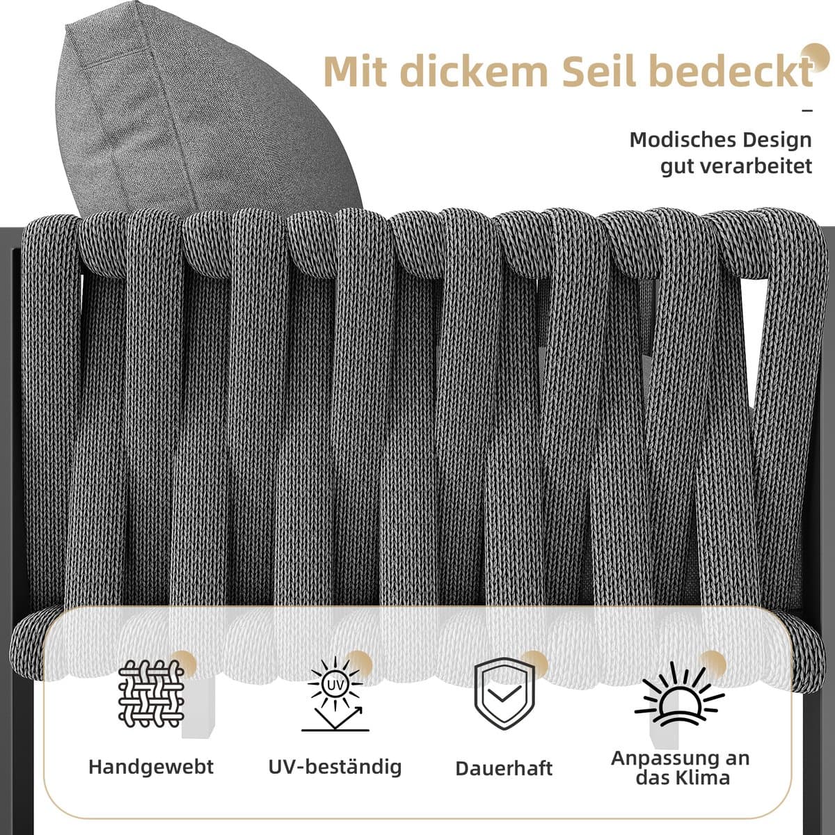 Tuinset met verzinkt ijzeren frame, grijze touw loungeset, verstelbare poten, glazen tafelblad, inclusief kussens thumbnail 5
