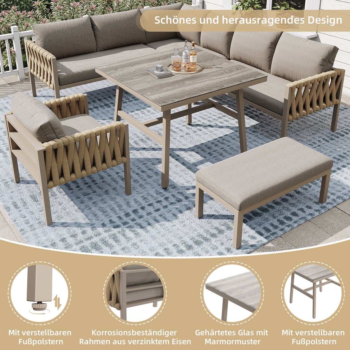 Tuinset met verzinkt ijzeren frame, beige touw loungeset, verstelbare poten, glazen tafelblad, inclusief kussens thumbnail 5