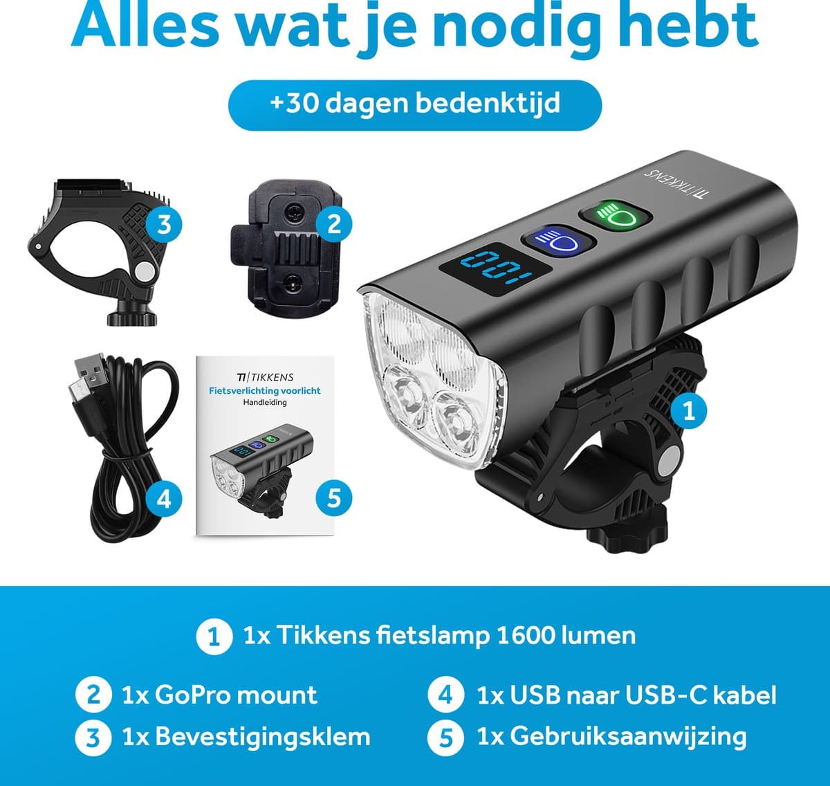 Tikkens LED Fietsverlichting 1600 Lumen - Fietslamp USB Oplaadbaar - Fietsverlichting met Powerbank - Voorlicht MTB & Racefiets Verlichting - Waterdicht Fietslicht thumbnail 6