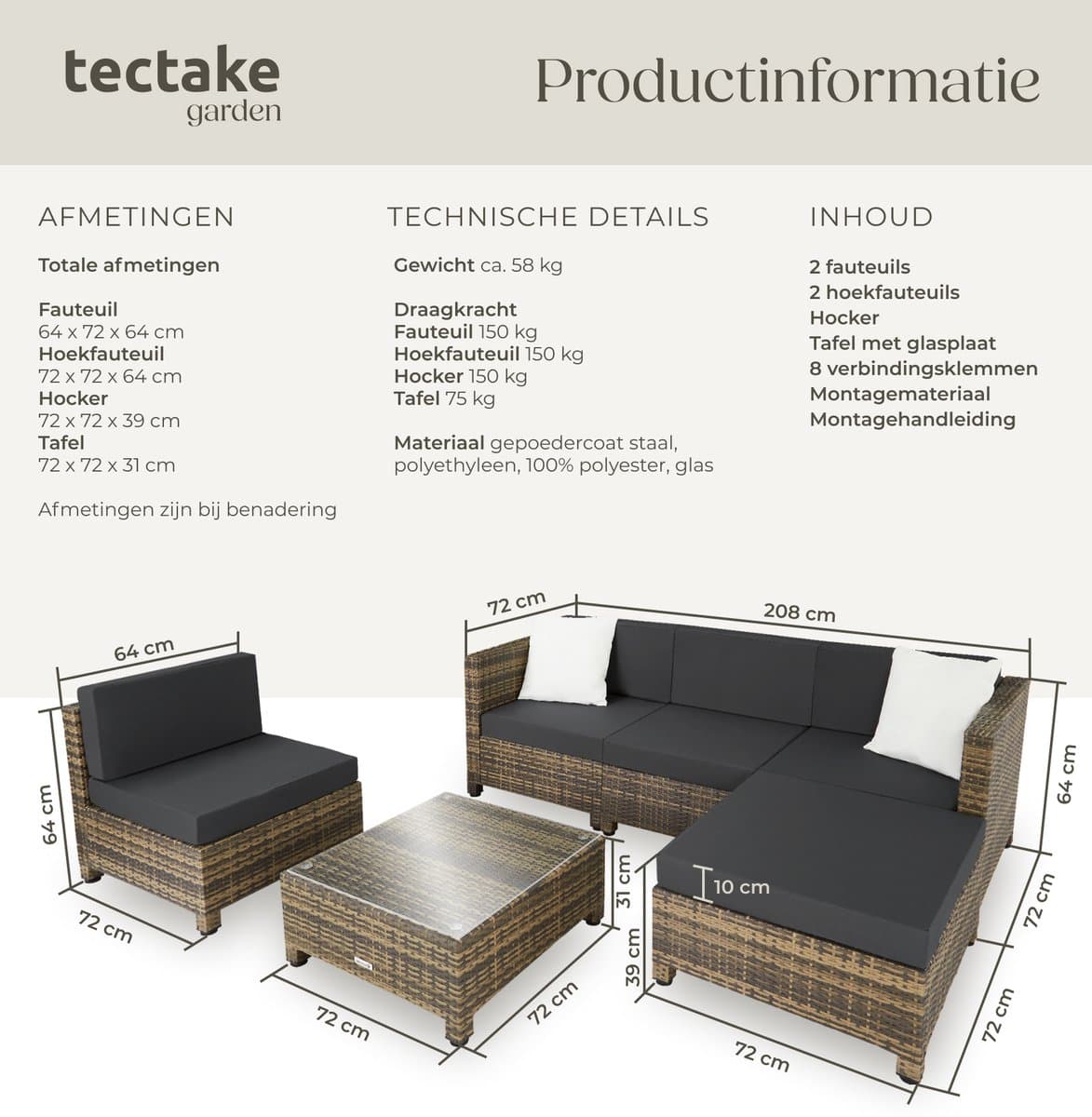 tectake® - Tuinmeubelset - Wicker loungeset - Balkonmeubelset - Kussens 10 cm hoogte - Voor tuin en balkon - 2 fauteuils, 2 hoekstoelen, 1 tafel, 1 hocker - Incl. 2 sets kussenhoezen - naturel thumbnail 4